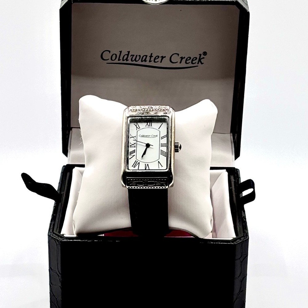 New price! Coldwater Creek Silver & Black Leather Watch with Case